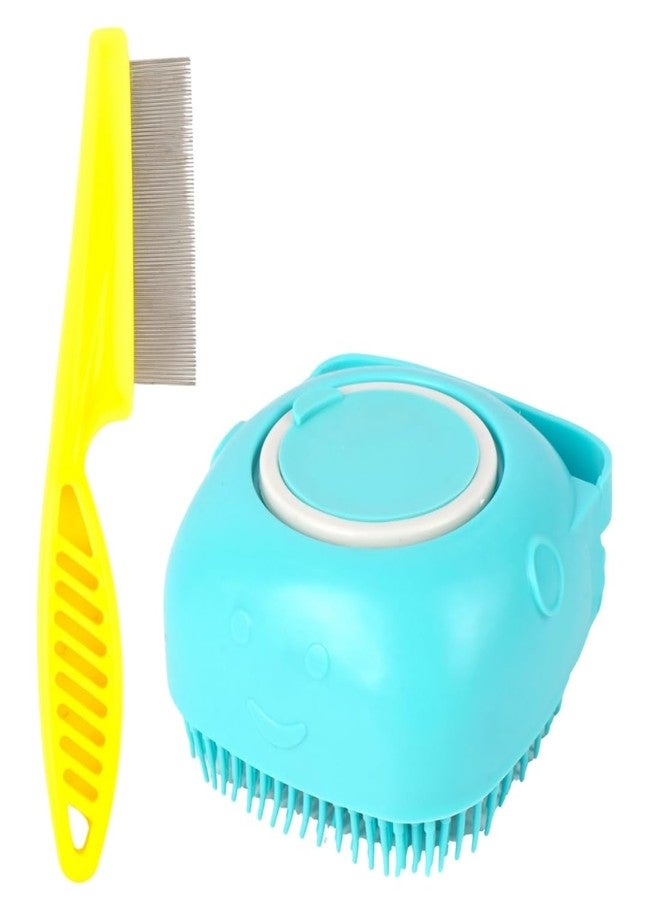 مجموعة فرشاة تنظيف الحيوانات الأليفة، مشط إزالة الشعر 2 في 1 مع فرشاة ذات دبابيس معدنية ومقبض سيليكون، باللونين الفيروزي والأصفر، للكلاب - Image 1